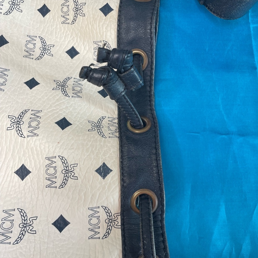 MCM White and Blue Monogram Drawstring Bucket Shoulder Bag - Picture 8 of 14